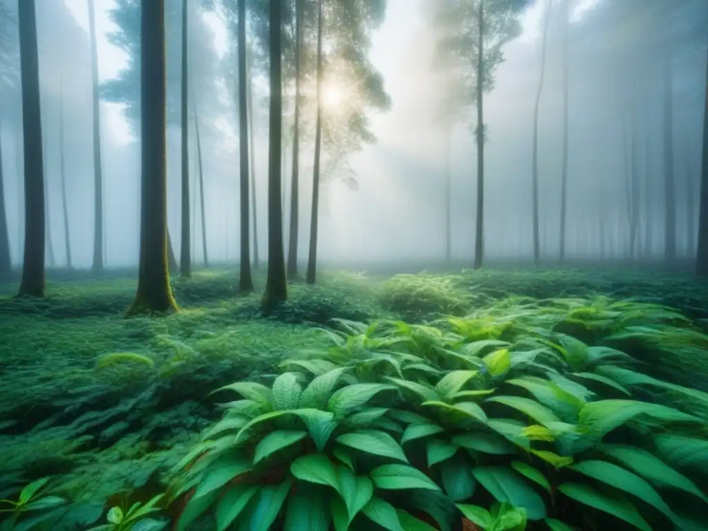 Un bosque exuberante bañado por la luz del sol, transmite paz y conexión con la naturaleza en retiros de bienestar sostenibles para familias