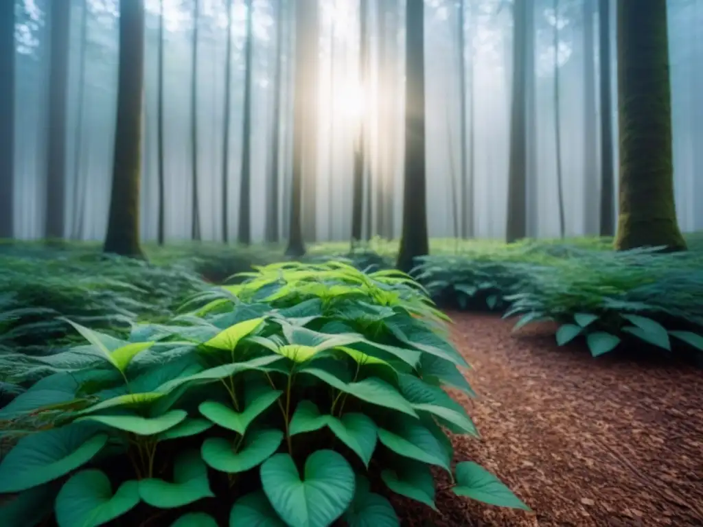 Un bosque exuberante bañado por la luz del sol, creando sombras en el suelo