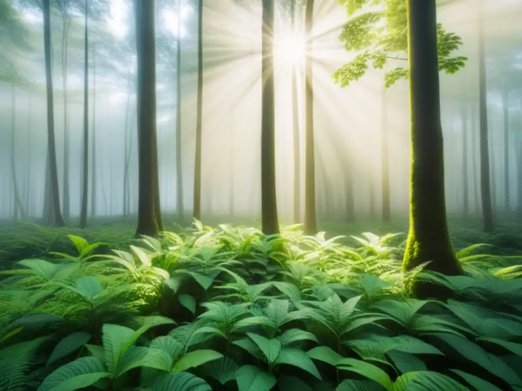 Un bosque exuberante bañado por la luz del sol, reflejando tranquilidad y armonía con la naturaleza, ideal para destinos bienestar sostenible viajes