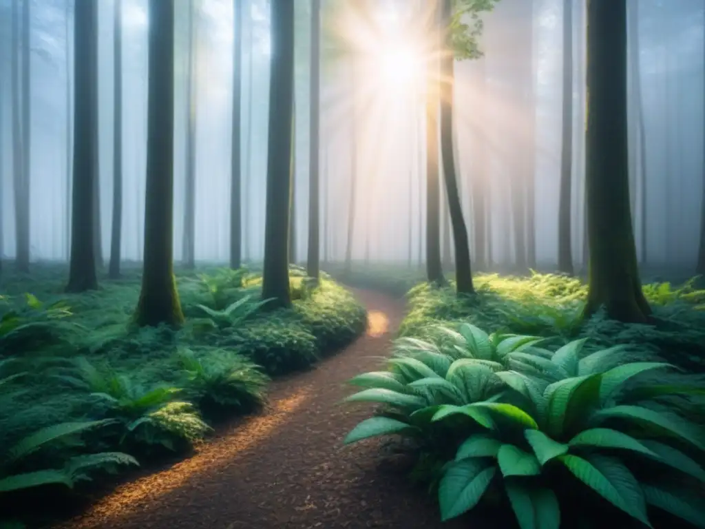 Un bosque exuberante bañado por la luz del sol, reflejando la belleza de la naturaleza y la importancia de la dieta plantas reducir huella carbono