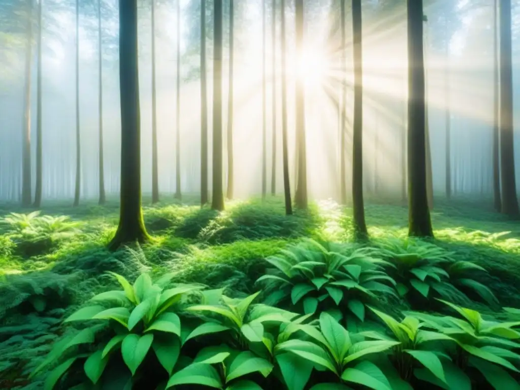 Un bosque exuberante bañado por rayos de sol, creando un ambiente tranquilo y natural