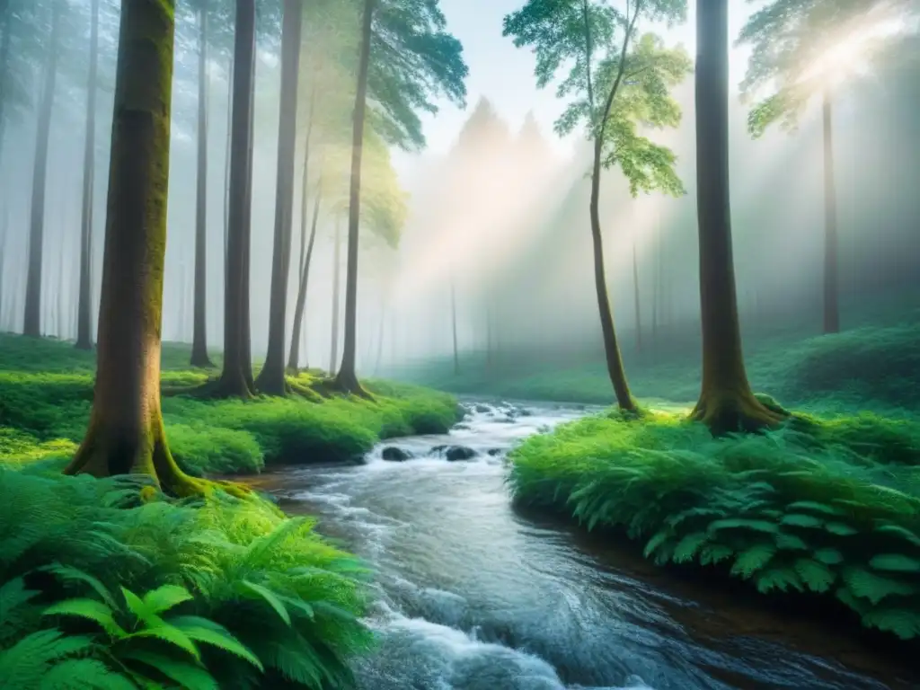 Un bosque exuberante y biodiverso con árboles altos y un arroyo serpenteante, ideal para proyectos corredores biológicos sostenibles