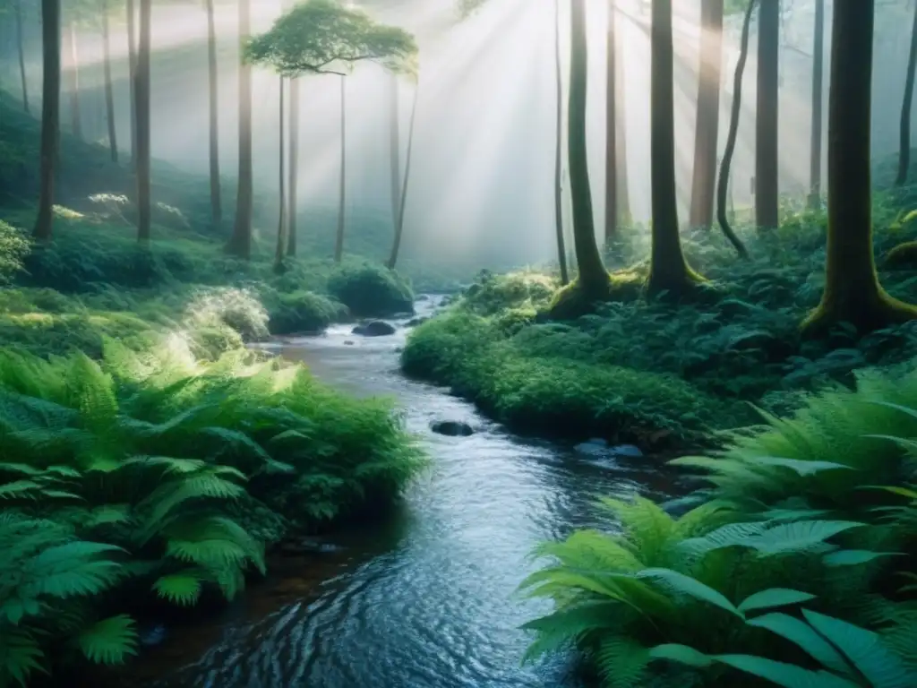 Un bosque exuberante y biodiverso con luz solar filtrándose entre los árboles