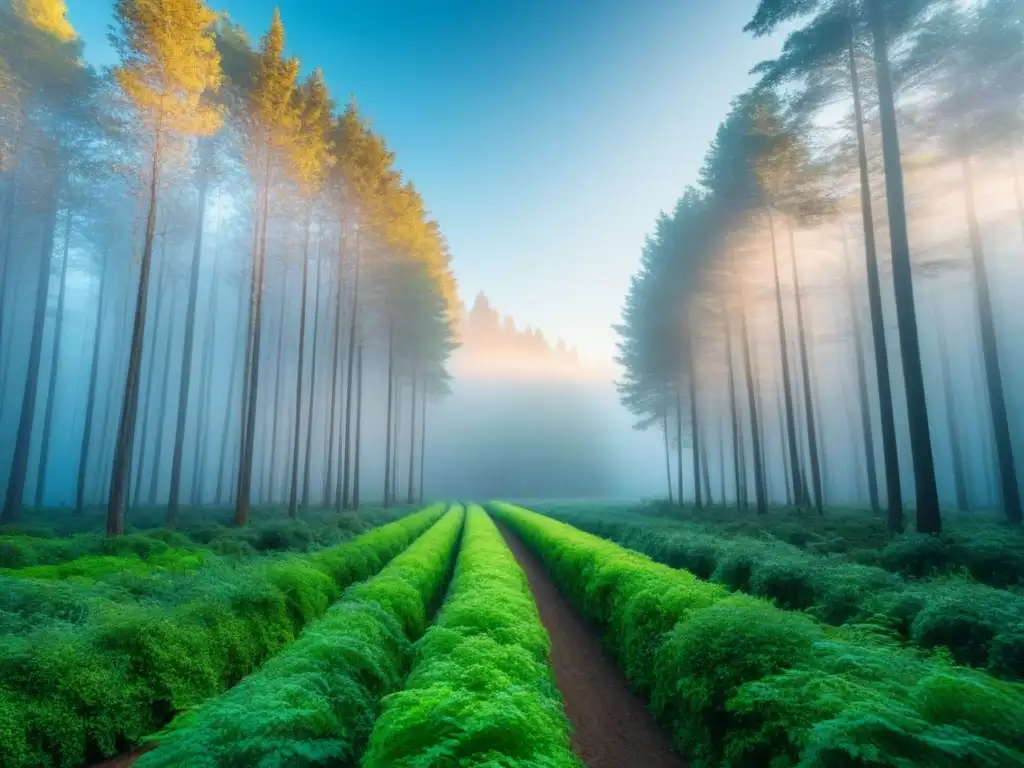 Un bosque exuberante bajo un cielo azul, evocando la belleza y serenidad de la naturaleza, contrastando moda sostenible con el impacto ambiental de la fast fashion