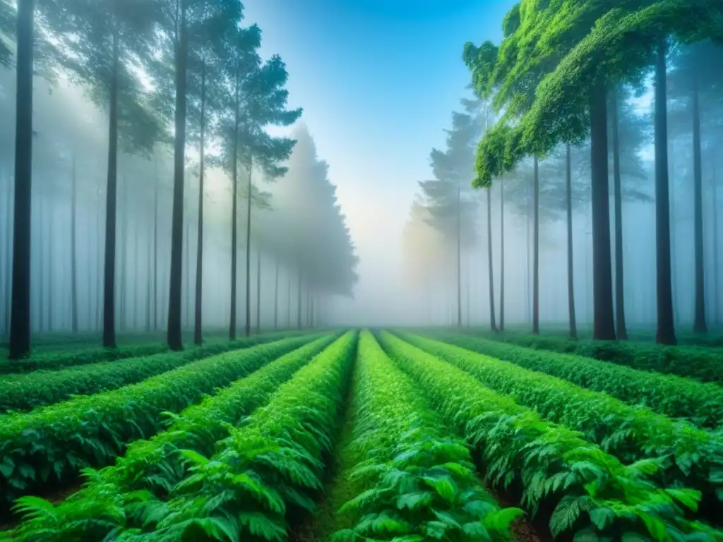 Un bosque exuberante bajo un cielo azul claro, simbolizando la dieta vegana y cambio climático