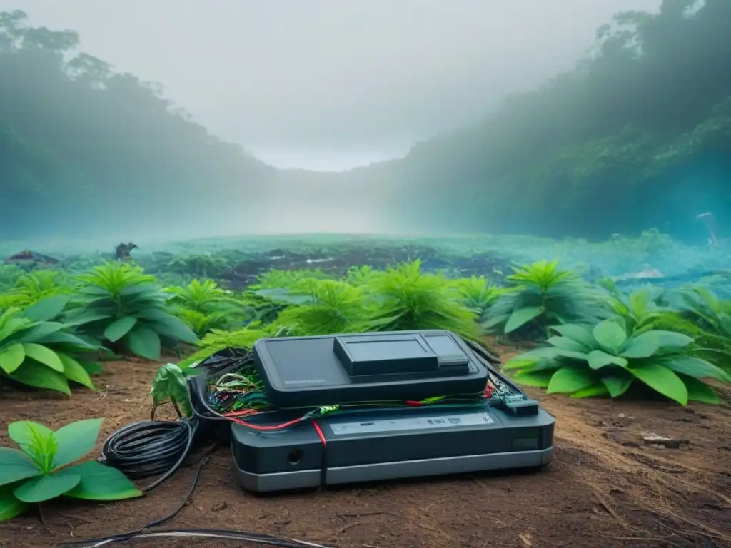 Un bosque exuberante en contraste con desechos electrónicos