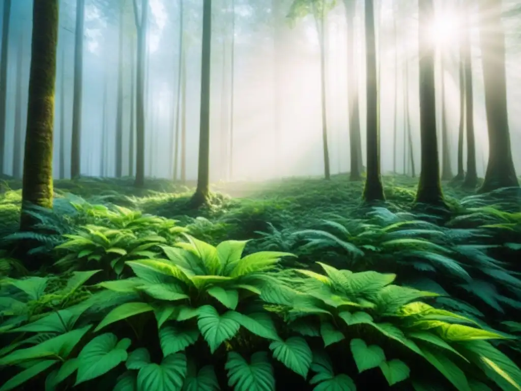 Un bosque exuberante y detallado en 8k, resaltando la diversidad y armonía de la naturaleza