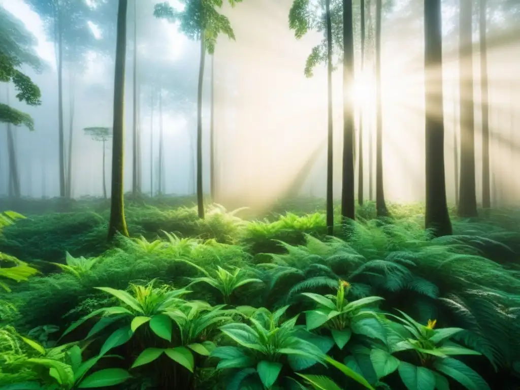 Un bosque exuberante y detallado con luz filtrándose a través del dosel, mostrando diversidad de especies en equilibrio ambiental