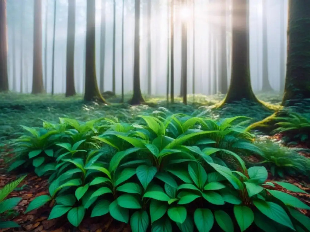 Un bosque exuberante y detallado con luz solar filtrándose entre las hojas, proyectando sombras moteadas en el suelo del bosque