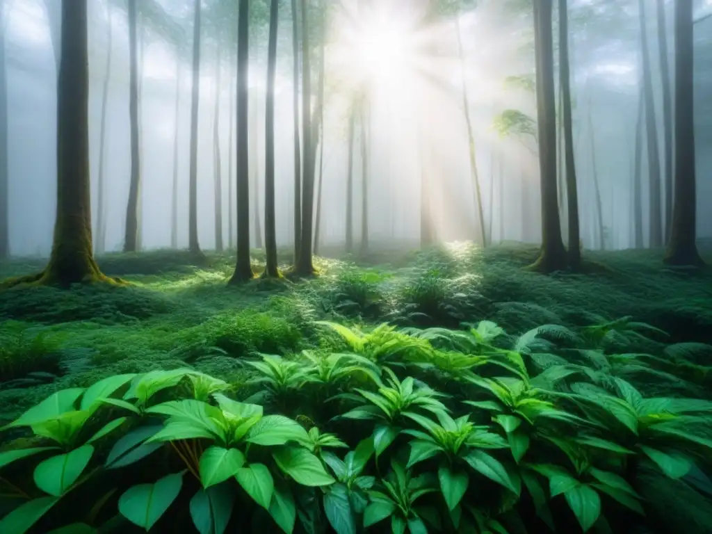 Un bosque exuberante y detallado, con plantas y luz filtrándose entre el dosel, transmite conexión con la naturaleza y sostenibilidad