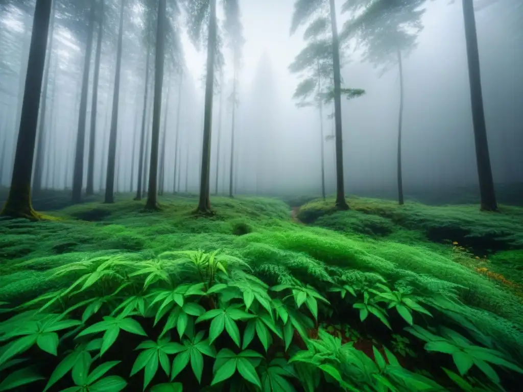 Un bosque exuberante y detallado, reflejo de la economía circular y conservación de la biodiversidad