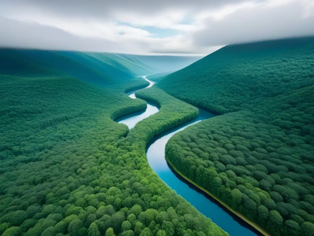 Un bosque exuberante y detallado visto desde arriba, con ríos serpenteando bajo un cielo azul