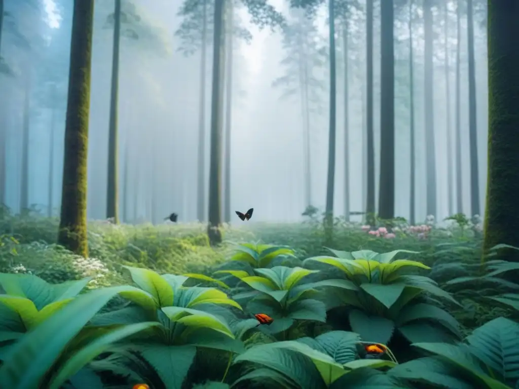 Un bosque exuberante con detalles de flora y fauna, resaltando su diversidad y belleza