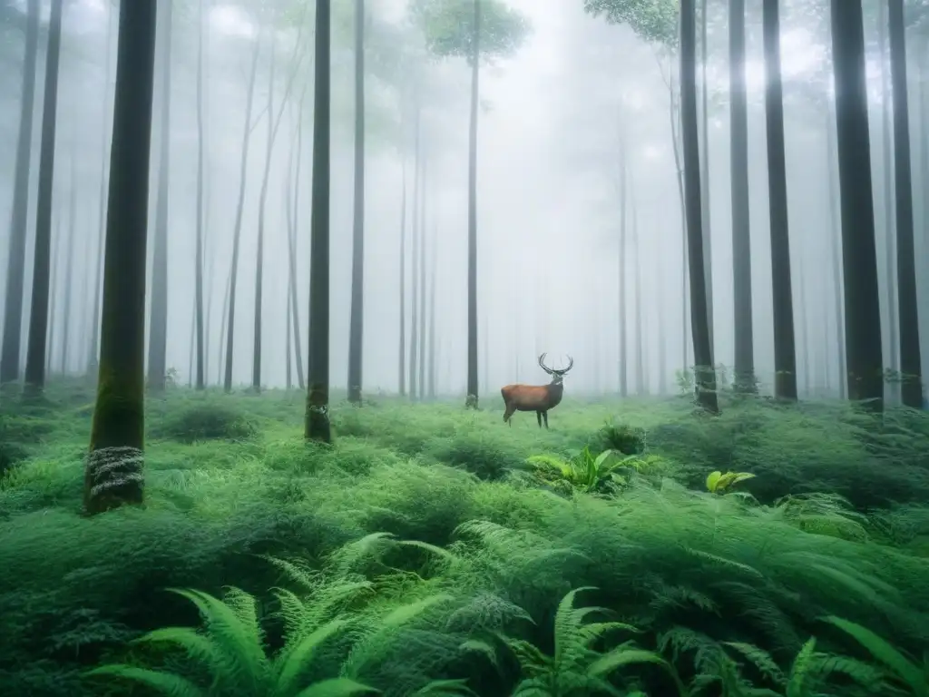 Un bosque exuberante con diversa fauna en equilibrio, transmitiendo serenidad