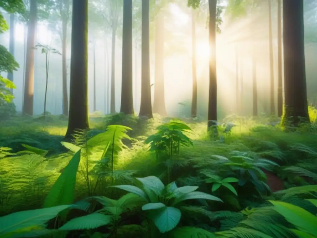 Un bosque exuberante con diversa flora y fauna, resaltando la importancia de la educación ambiental, el arte y la sostenibilidad