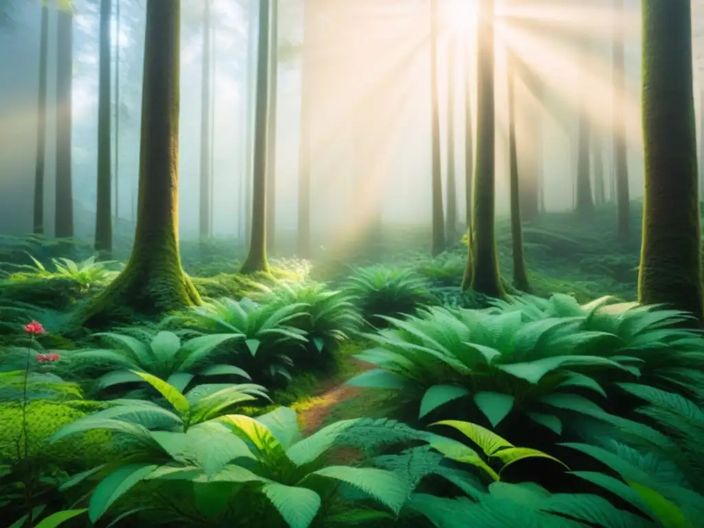 Un bosque exuberante con diversa vida silvestre viviendo en armonía, resaltando la importancia de las 3Rs en la conservación de la biodiversidad