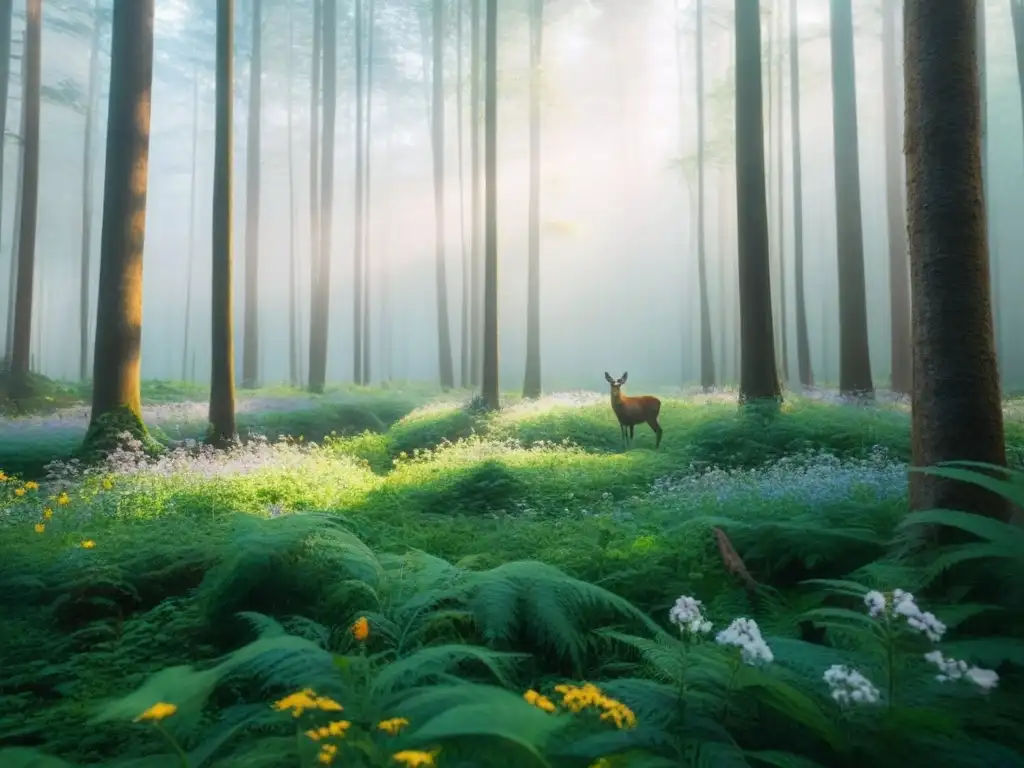 Un bosque exuberante con diversa vida silvestre en armonía, transmitiendo la importancia de preservar la naturaleza