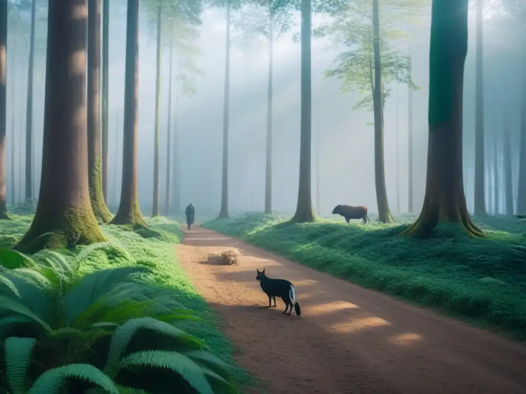 Bosque exuberante con diversa vida silvestre en armonía, transmitiendo tranquilidad y conexión con la naturaleza para un futuro sostenible