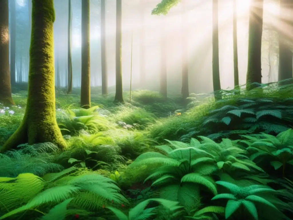 Un bosque exuberante con diversa vida silvestre, creando un ambiente tranquilo y sereno