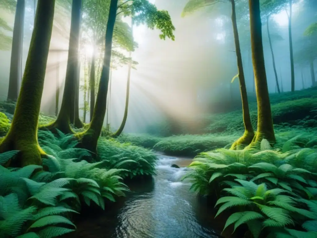 Bosque exuberante con diversa vida vegetal, árboles altos y arroyo, transmitiendo calma