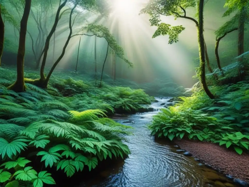 Un bosque exuberante con una diversidad de árboles, plantas y vida silvestre