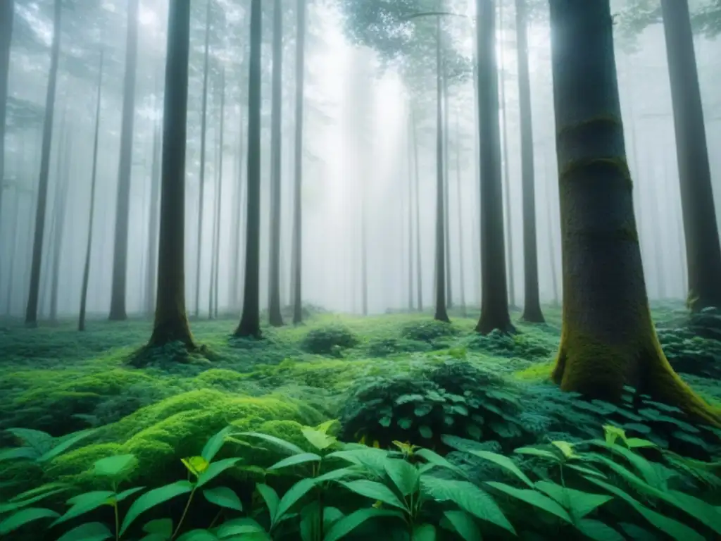 Un bosque exuberante con una diversidad de árboles y vida silvestre, iluminado por el sol