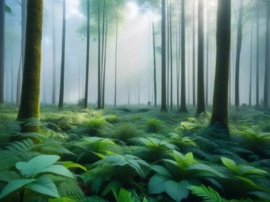 Un bosque exuberante con diversidad de vida, reflejando la armonía de corredores biológicos sostenibles