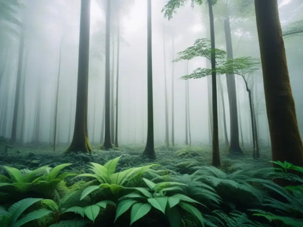 Un bosque exuberante con diversidad de vida, luz suave filtrándose entre los árboles