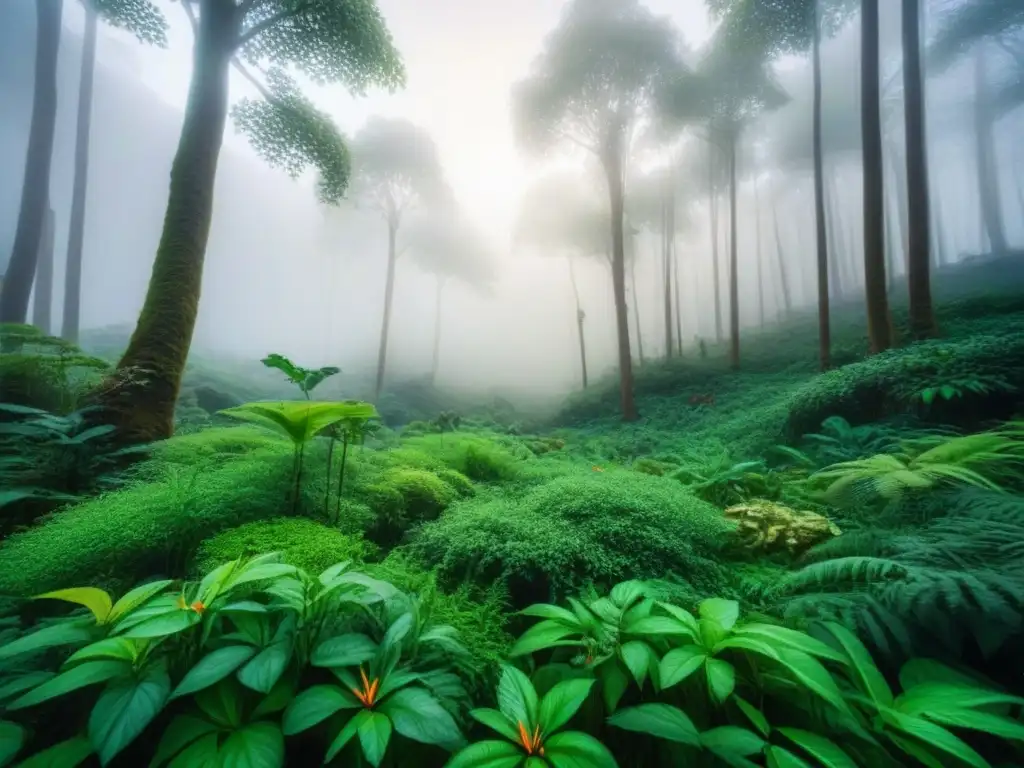 Un bosque exuberante con diversidad de vida vegetal y animal, reflejando los beneficios del vegetarianismo sostenible