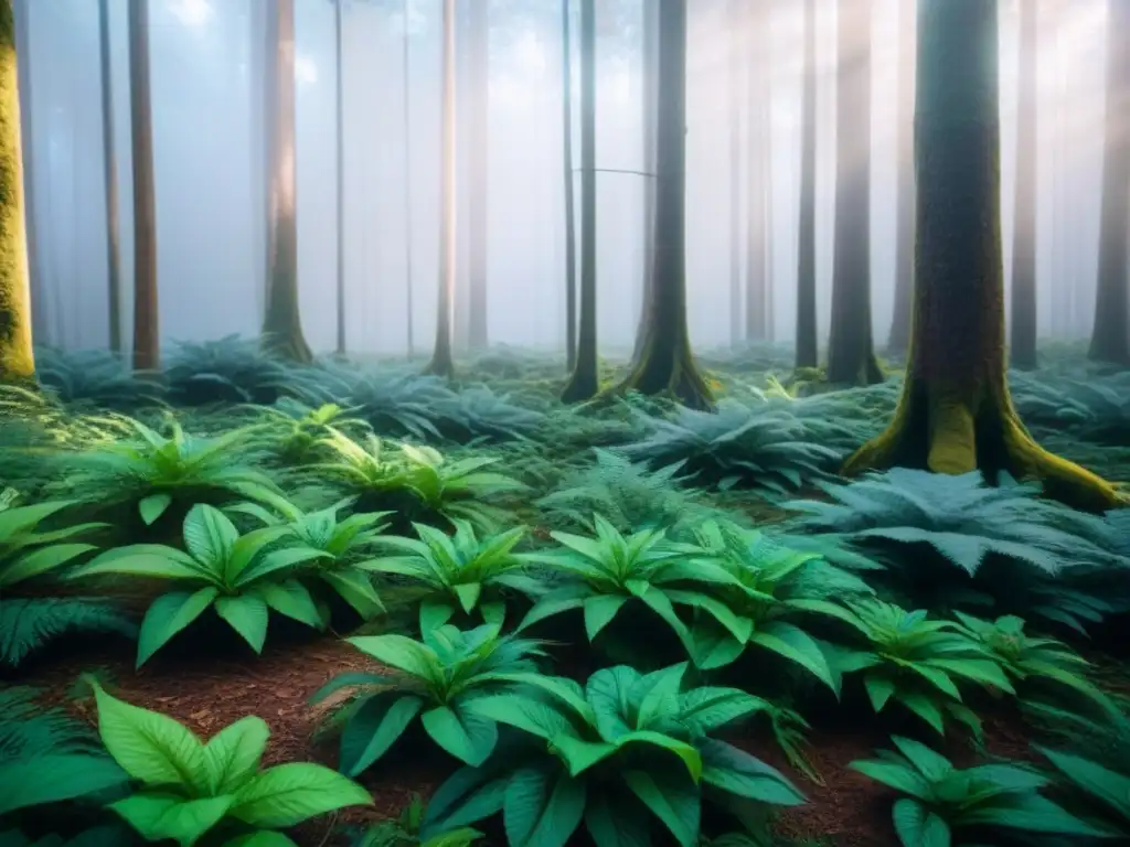 Un bosque exuberante y diverso iluminado por el sol, reflejando la importancia de la biodiversidad local y la conciencia ambiental