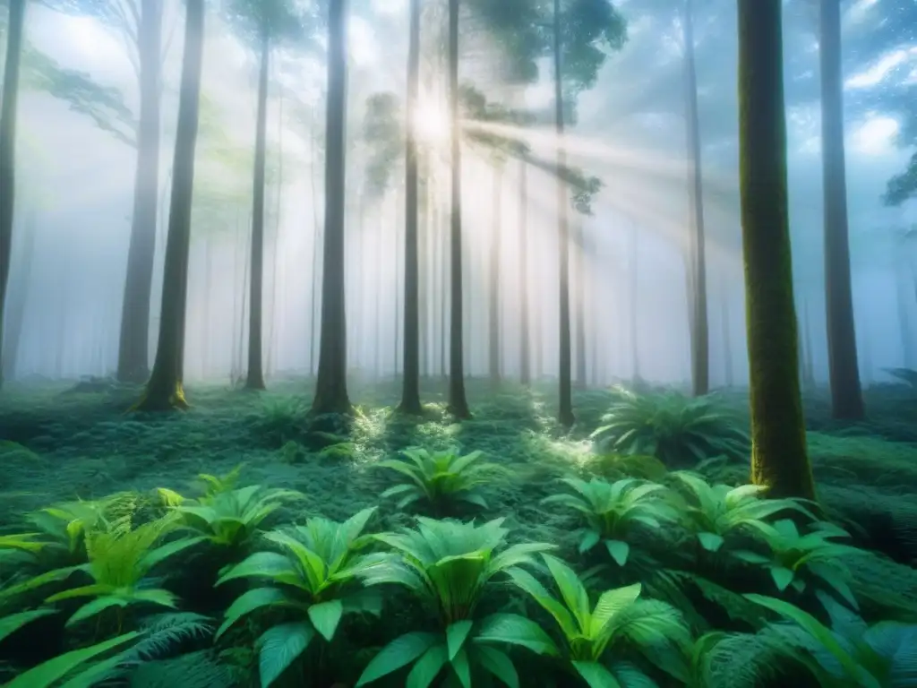 Un bosque exuberante y diverso con luz solar filtrándose entre los árboles, reflejando la vida sostenible