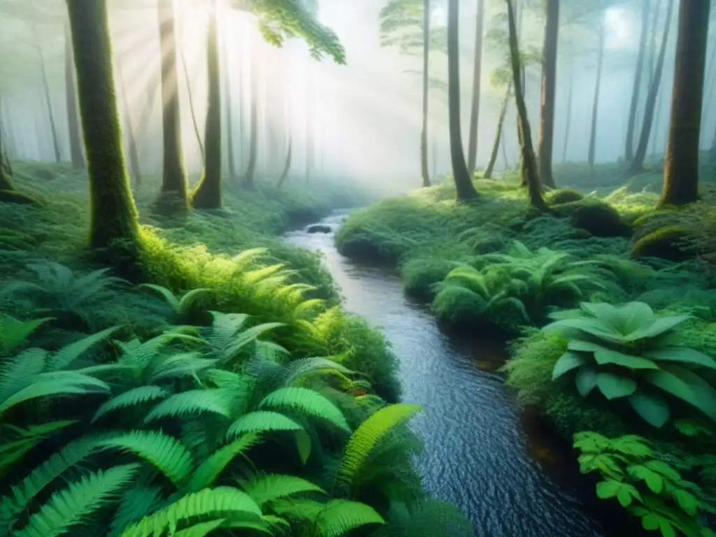 Un bosque exuberante y diverso con luz filtrándose entre los árboles y un arroyo serpenteante