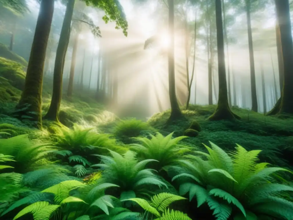 Un bosque exuberante y diverso con vida silvestre, transmitiendo armonía y la importancia de la economía circular y la sostenibilidad