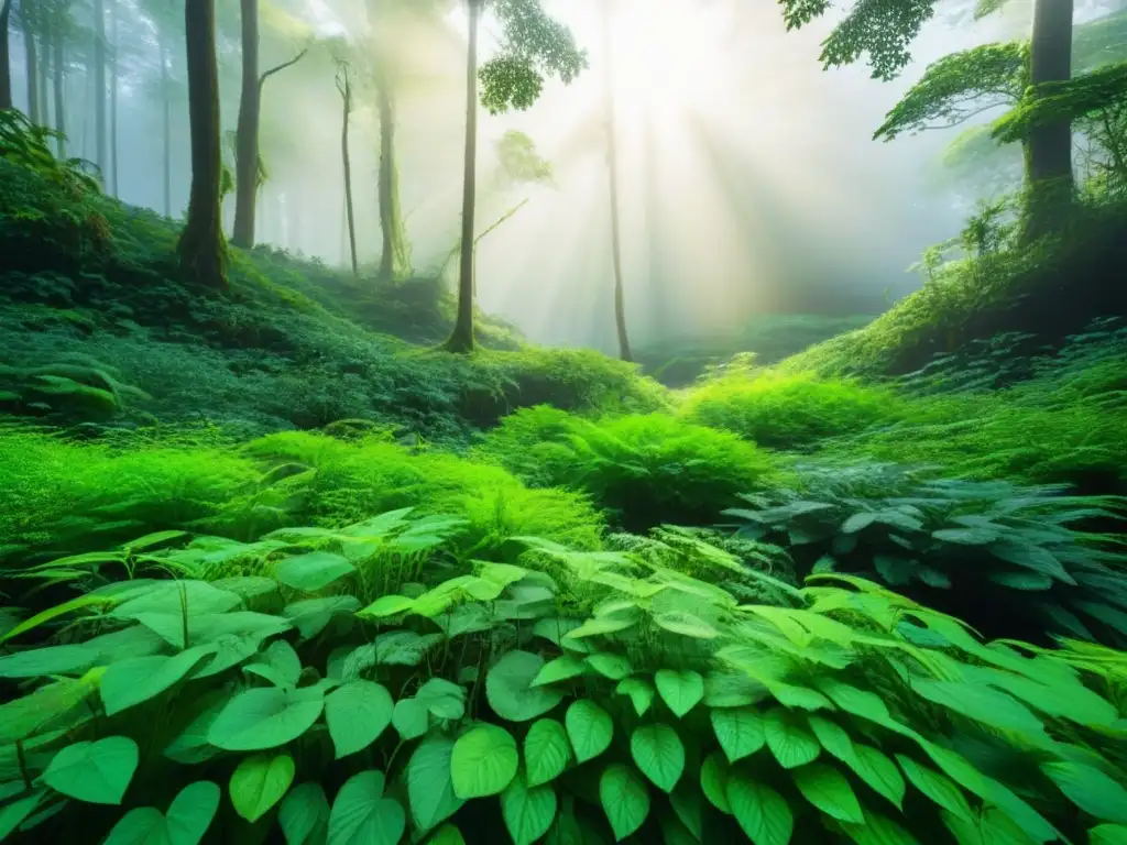 Un bosque exuberante y diverso, donde la vida vegetal se entrelaza en armonía