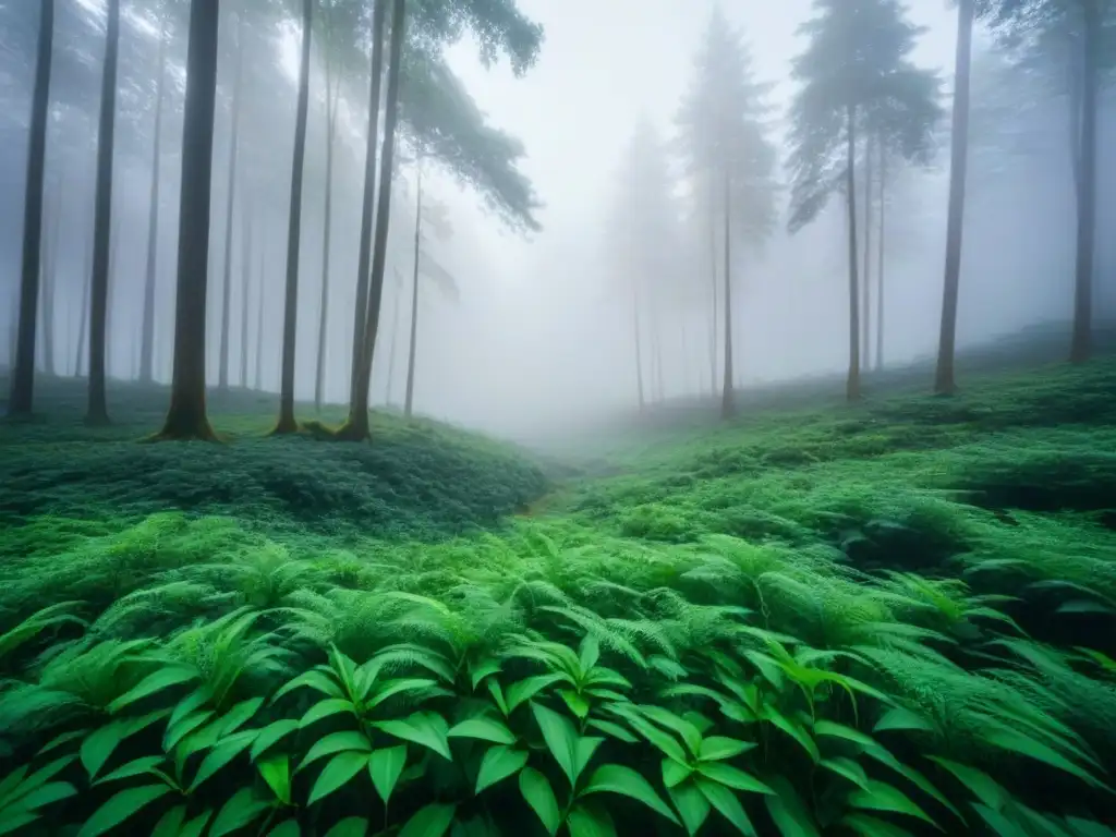 Un bosque exuberante envuelto en una sutil niebla, transmitiendo tranquilidad y armonía con la naturaleza