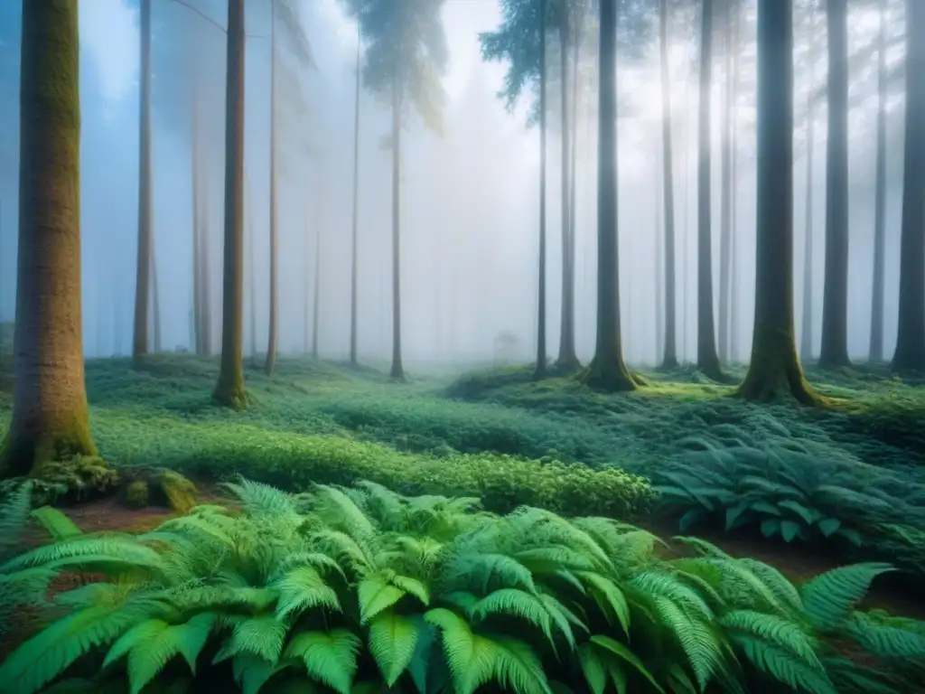 Un bosque exuberante con diversas especies de árboles, plantas y animales en equilibrio, resaltando la biodiversidad terrestre