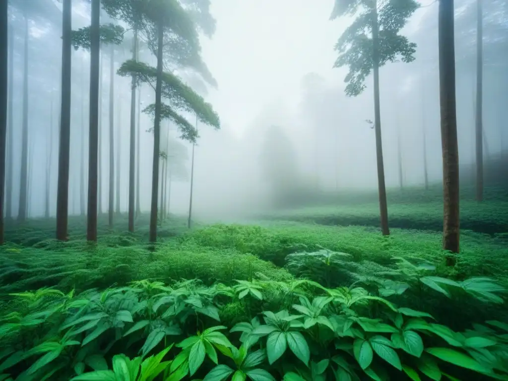 Un bosque exuberante con flora y fauna detalladas en armonía, resaltando la importancia de la naturaleza en moda sostenible y cambio climático