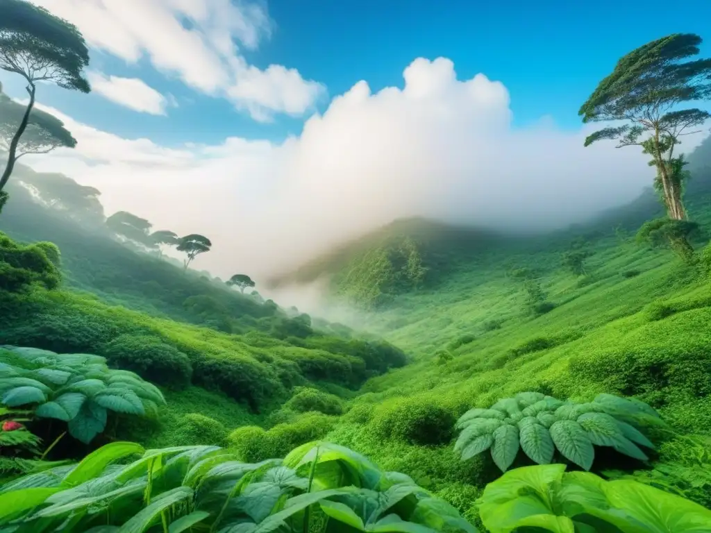 Bosque exuberante con flora y fauna diversa bajo cielo azul despejado