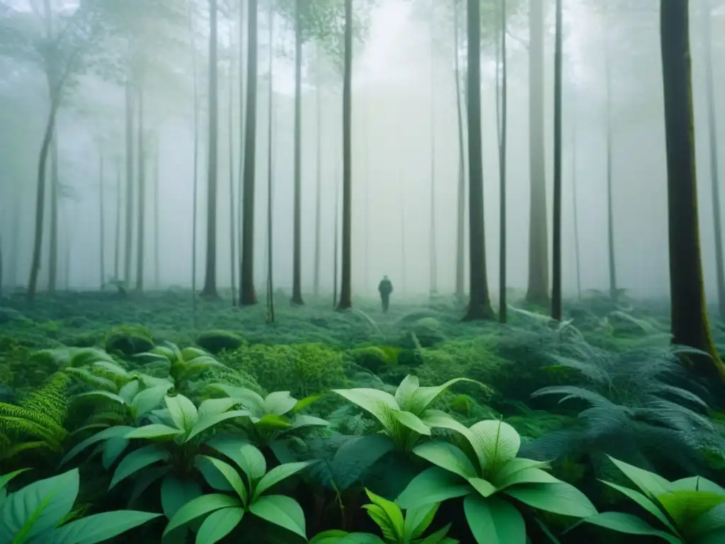 Un bosque exuberante con flora y fauna diversa, redes interconectadas y colores terrosos