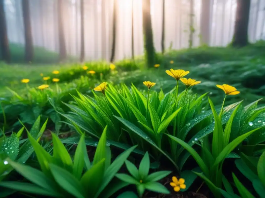 Un bosque exuberante con flores silvestres vibrantes y detalladas, mostrando la biodiversidad terrestre