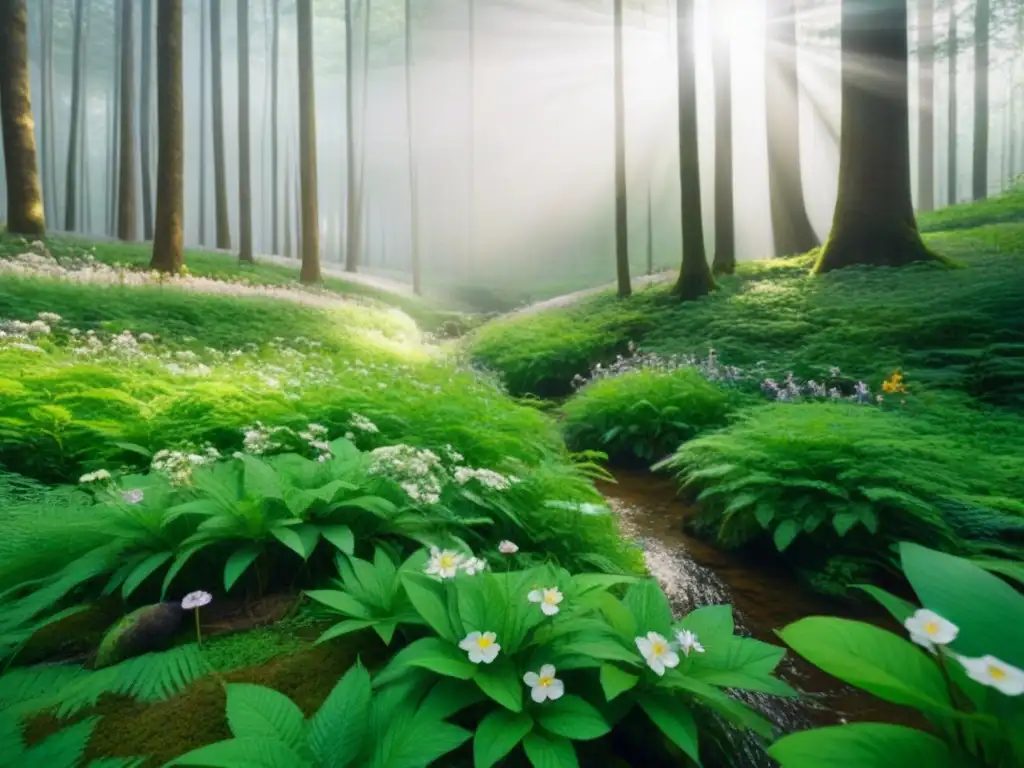 Un bosque exuberante con flores vibrantes, luz filtrándose entre los árboles y un arroyo serpenteante