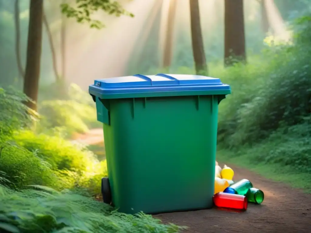 Un bosque exuberante sirve de telón de fondo a un contenedor rebosante de botellas de plástico, resaltando la importancia de la reducción de residuos para un estilo de vida sostenible