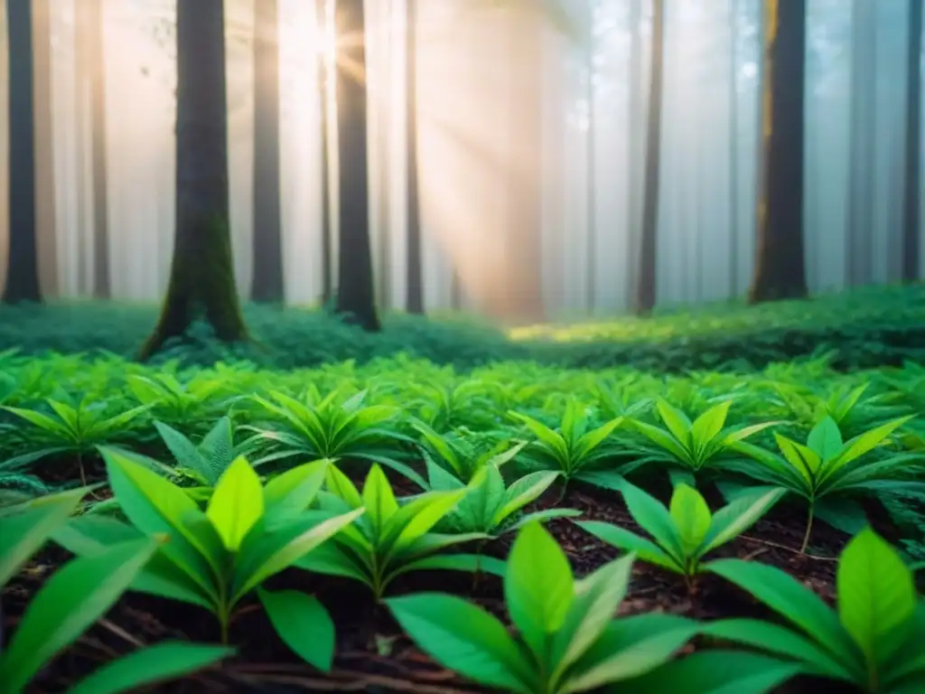 Bosque exuberante con hojas verdes brillantes bajo el sol, destacando la gestión de residuos cambio climático