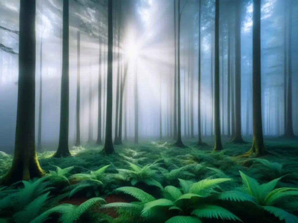 Bosque exuberante iluminado por rayos de sol, reflejo de Innovaciones papel reciclado sostenible