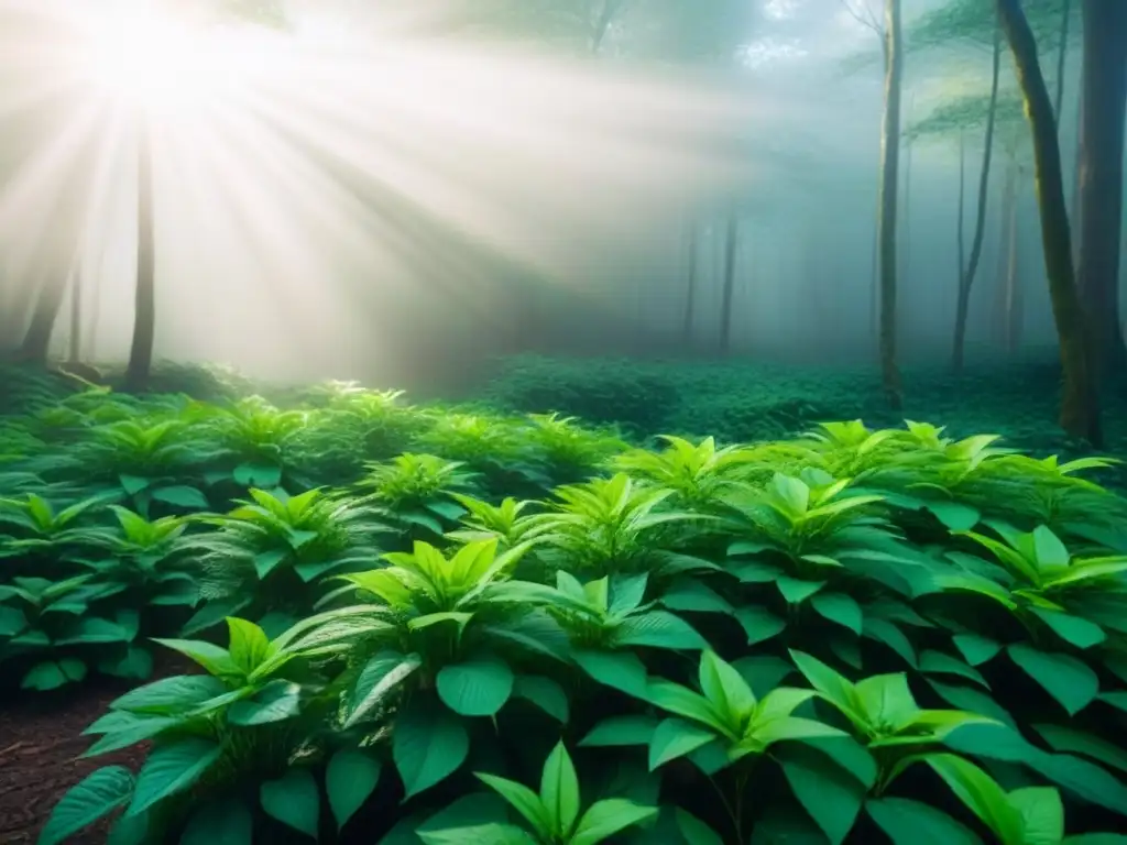 Un bosque exuberante iluminado por rayos de sol, transmitiendo armonía y conexión con la naturaleza