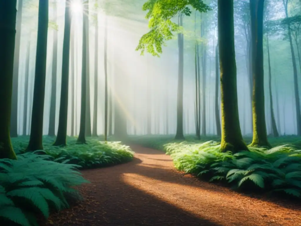 Un bosque exuberante iluminado por rayos de sol, transmite renovación y sostenibilidad