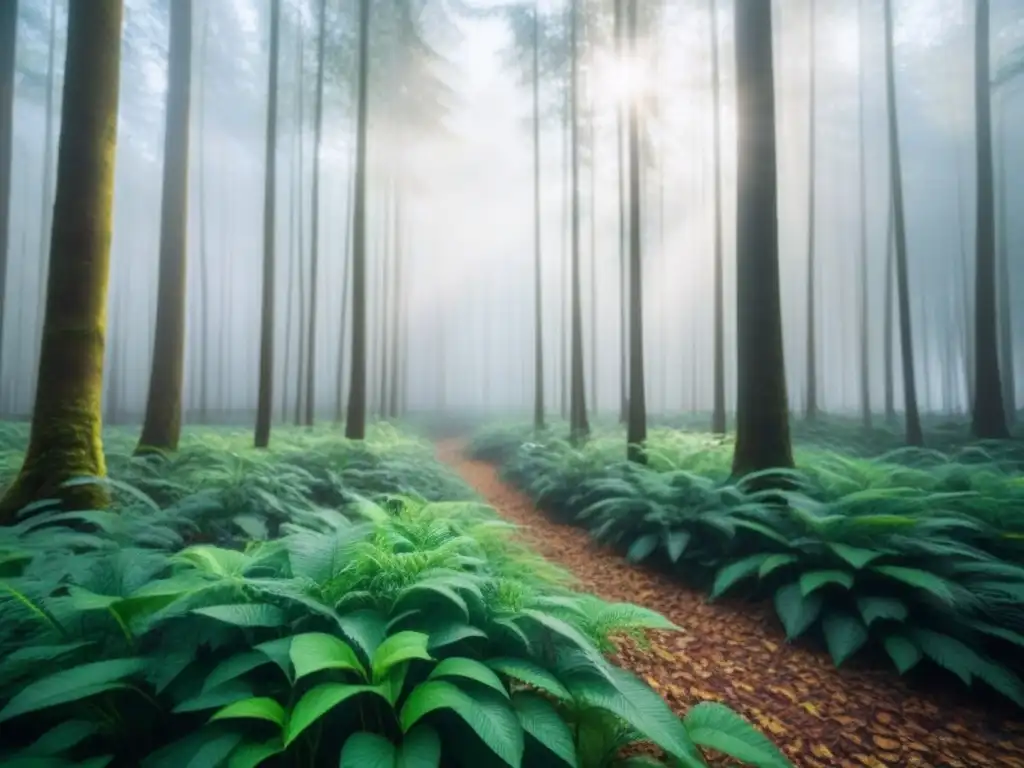 Un bosque exuberante iluminado por el sol, sombras suaves en el suelo