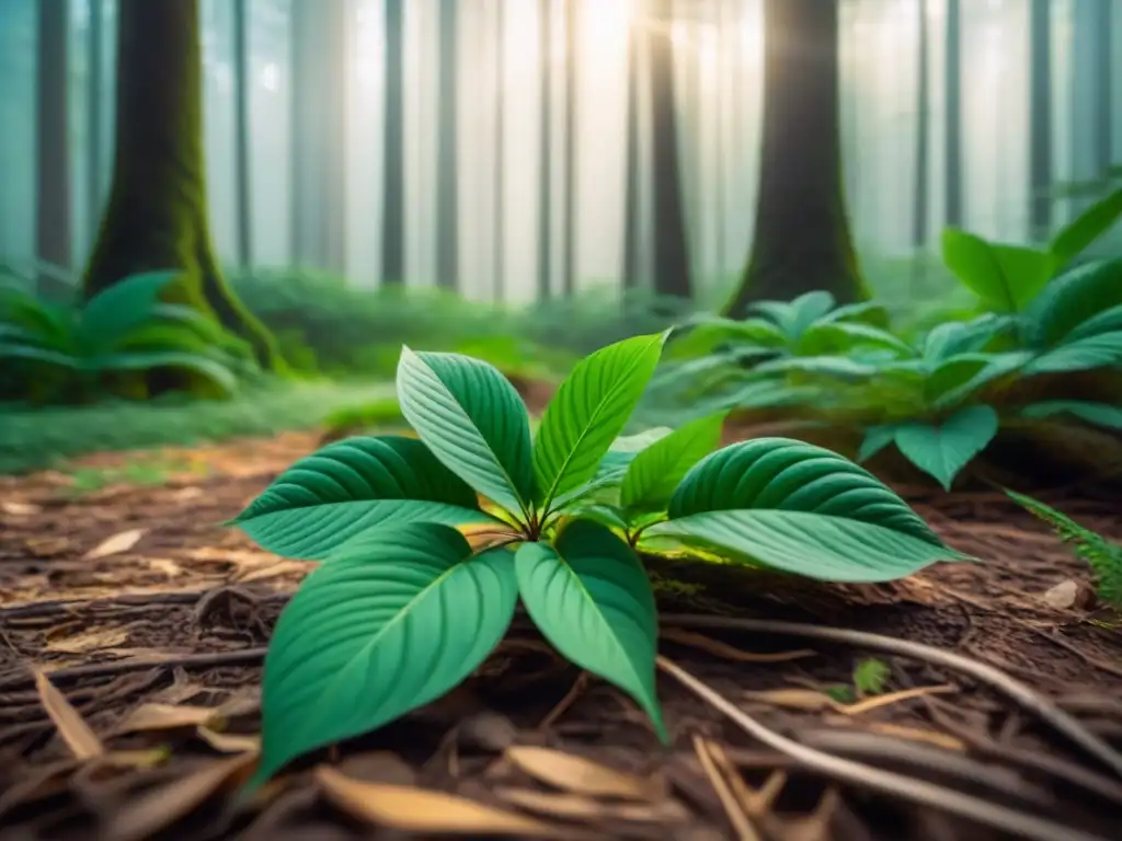 Un bosque exuberante iluminado por el sol, mostrando la belleza y complejidad de un ecosistema en armonía, impacto desperdicio alimentos ecosistemas