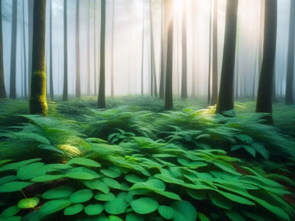 Un bosque exuberante iluminado por el sol, reflejando la protección solar ecológica sostenible