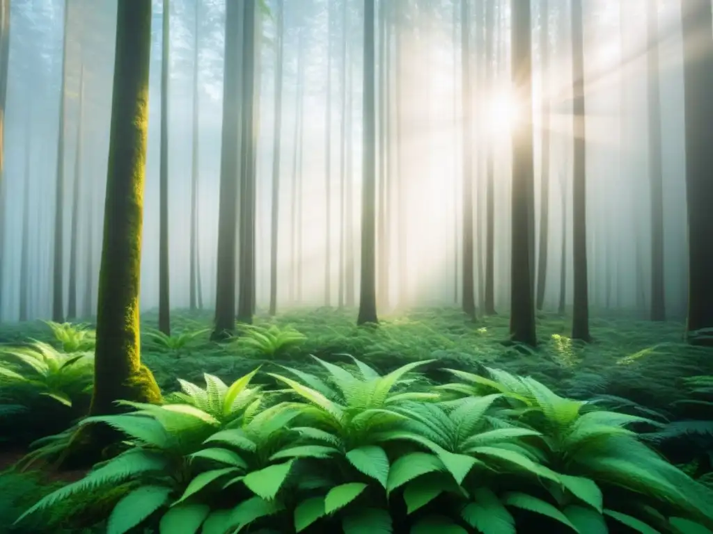 Un bosque exuberante, iluminado por el sol, refleja la armonía de la naturaleza con economía de materiales biodegradables sostenibles